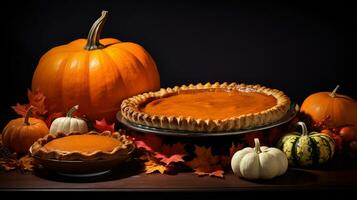 calabaza tarta en un hermosa bandeja, de madera mesa. calabazas y otoño hojas, atributos para acción de gracias. ai generativo. foto