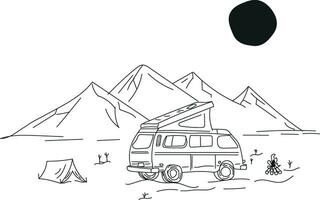 van traveling in the adventure graphic illustration and camping tent vector