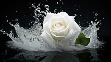 White rose with water splash and drops on a black background. Close-up. AI generative. photo