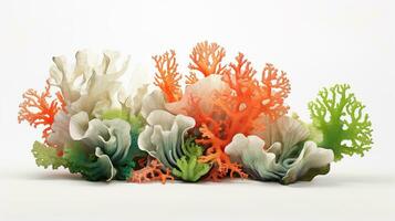 Marine corals algae rocks and shells isolated white. AI generative. photo
