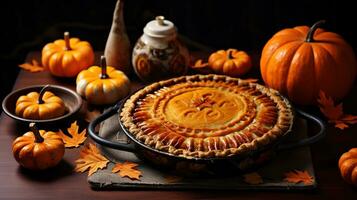 Pumpkin pie on a beautiful tray, wooden table. Pumpkins and autumn leaves, attributes for Thanksgiving. AI generative. photo