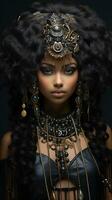 Black goddess, a queen and a princess. Beautiful african american woman in gold jewelry. AI generative. photo