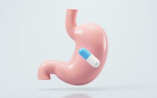 Human stomach and medicine capsules, 3d rendering. photo