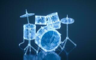 Drum set with blue technology structure, 3d rendering. photo