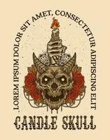 Illustration Hand drawn. Demon skull candle with rose flower. Vector illustration