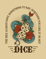 Illustration vintage dice rose flower with snake vector