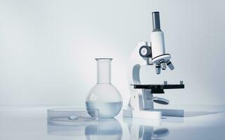 cristalería y microscopio en el laboratorio, 3d representación. foto