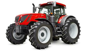 Red modern tractor for agricultural use on white backdrop. Creating using generative AI tools photo