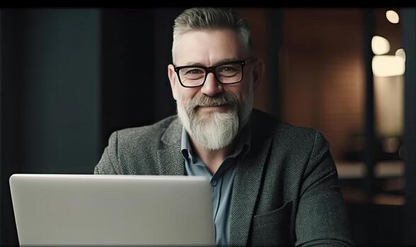 A businessman typing on a laptop in a modern office. Creating using generative AI tools photo