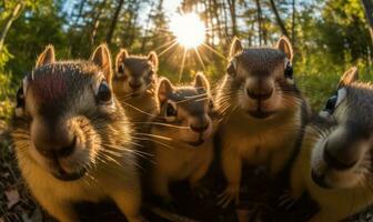 Cheeky squirrel takes a selfie, capturing its adorable expression and agile antics. Creating using generative AI tools photo