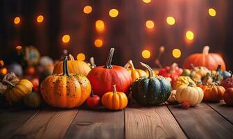A rustic Thanksgiving table with pumpkins and wood accents. Creating using generative AI tools photo