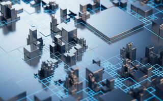 Metallic cube circuit board, 3d rendering. photo