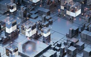 Metallic cube circuit board, 3d rendering. photo