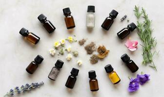 From above, a stunning assortment of essential oils forms an aromatic mosaic. Creating using generative AI tools photo