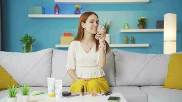 Young woman looking at her teeth. Happy and beautiful young woman. video