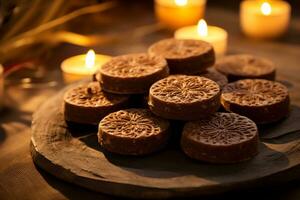 Cow dung cakes used for ritual diwali background, AI Generated photo