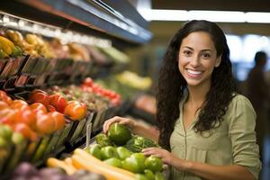 mujer en supermercado comprando comestibles alimento, ai generado foto