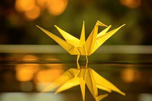yellow paper origami crane, AI Generated photo