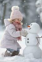 pequeño niño jugando con muñeco de nieve. ai generado foto