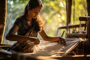 Master weaver is weaving fabric . AI Generated photo