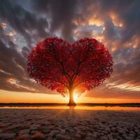 rojo corazón conformado árbol en puesta de sol. ai generado foto