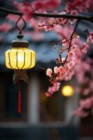 chino linternas colgando en sakura árbol, ai generado foto