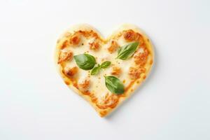 corazón conformado Pizza en blanco antecedentes. ai generado foto