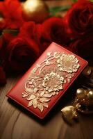 beautiful asian style red envelope on table. AI Generated photo
