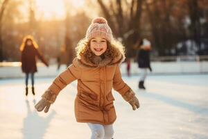 linda niño vistiendo invierno ropa y hielo Patinaje en hielo pista. ai generado foto