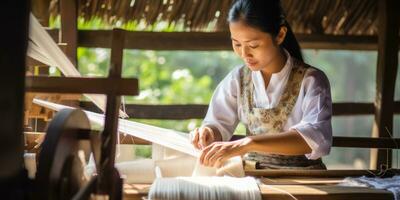Master weaver is weaving fabric . AI Generated photo