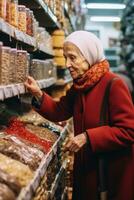 old woman In Supermarket Buying Groceries Food, AI Generated photo