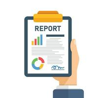 Report document in hand icon in flat style. Dashboard plan vector illustration on isolated background. Analysis sign business concept.