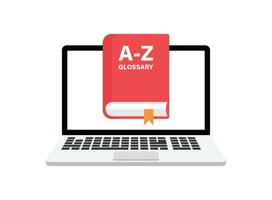 Glossary book with laptop icon in flat style. Guidebook encyclopedia vector illustration on isolated background. A-Z computer sign business concept.