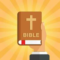 Holy bible in hand icon in flat style. Christianity book vector illustration on isolated background. Religion sign business concept.