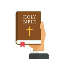 Holy bible in hand icon in flat style. Christianity book vector illustration on isolated background. Religion sign business concept.