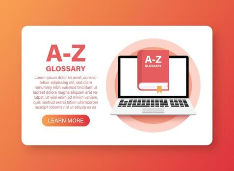 Glossary book with laptop icon in flat style. Guidebook encyclopedia vector illustration on isolated background. A-Z computer sign business concept.