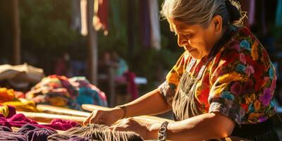 Master weaver is weaving fabric . AI Generated photo
