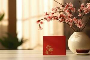 beautiful asian style red envelope on table. AI Generated photo