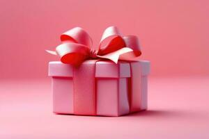 Red present gift box with space for greeting text on pink background. AI Generated photo