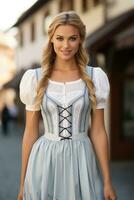 Octoberfest waitress with beer and barrel on bar background. AI Generated photo