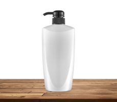 Empty product packaging pump bottle mockup on a wooden table, PNG transparent