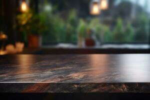 modern dark marble table on blurred kitchen bench background AI Generative photo