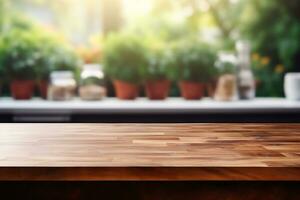 wooden table on blurred kitchen bench background AI Generative photo