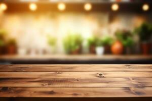 wooden table on blurred kitchen bench background AI Generative photo