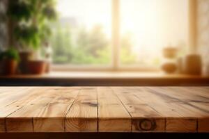 wooden table on blurred kitchen bench background AI Generative photo