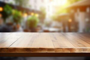 de madera mesa en borroso cocina banco antecedentes ai generativo foto