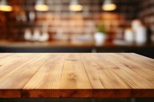 wooden table on blurred kitchen bench background AI Generative photo