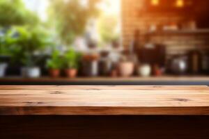 wooden table on blurred kitchen bench background AI Generative photo