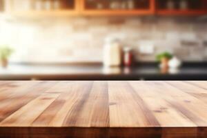 wooden table on blurred kitchen bench background AI Generative photo
