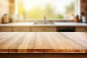 wooden table on blurred kitchen bench background AI Generative photo